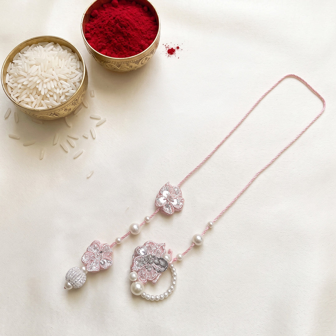 Handmade Peach Floral Design Couple Rakhi Lumba Set With Roli Chawal For Bhaiya Bhabhi