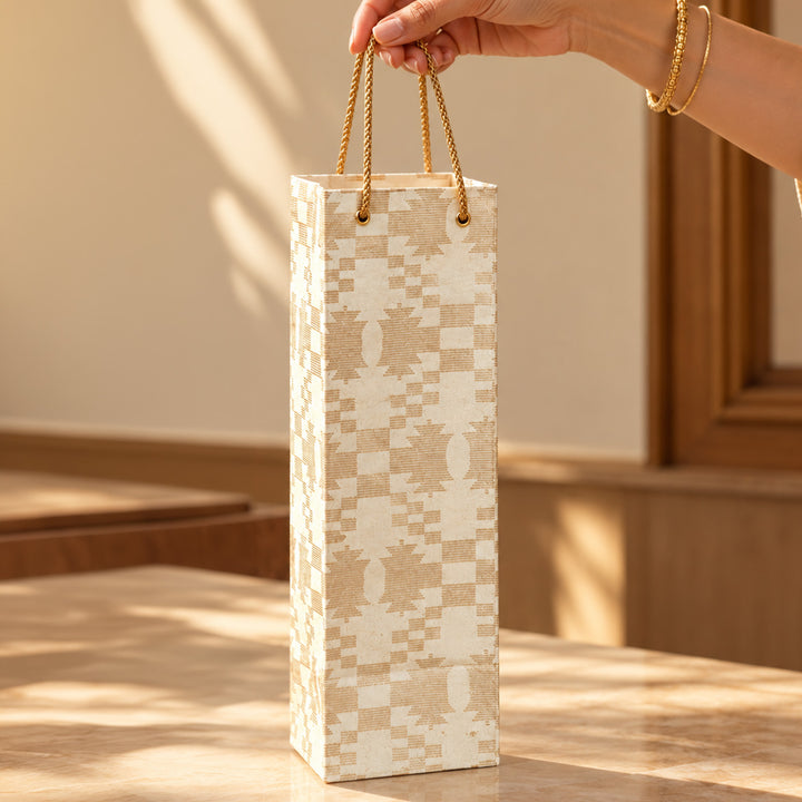 "Maze Puzzle" Jamdani Handmade Golden Screen Printed Bottle Paper Bag For Festive Gifting