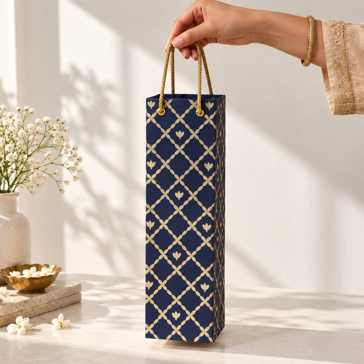 "Box Flower Maze" Handmade Golden Screen Printed Bottle Paper Bag For Festive Gifting
