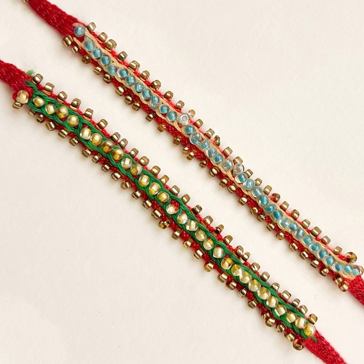 2 Pc | Hand Embroidered Beaded Chain Rakhis With Roli Chawal For Brother