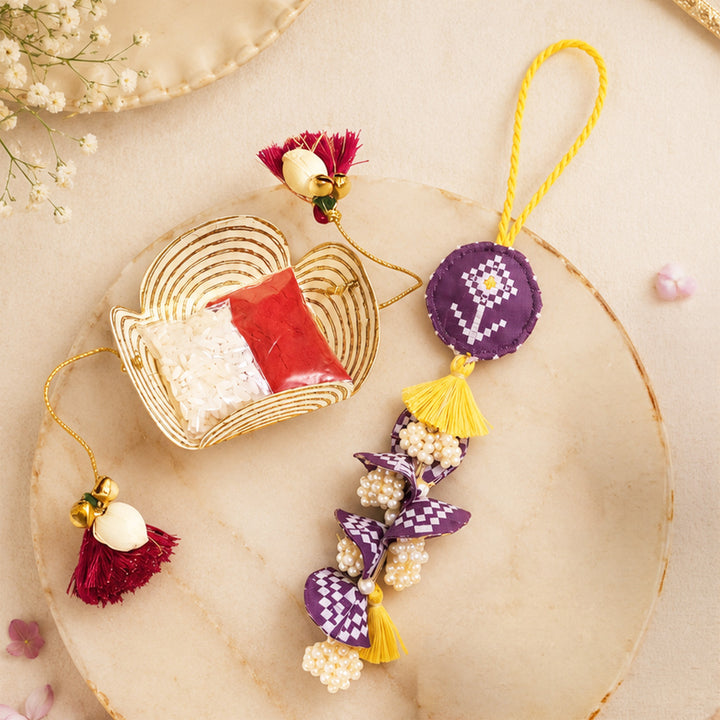 Handcrafted Pearl, Tassel & Thread Work Cheed Heavy Lumba Rakhi for Bhabhi - Violet