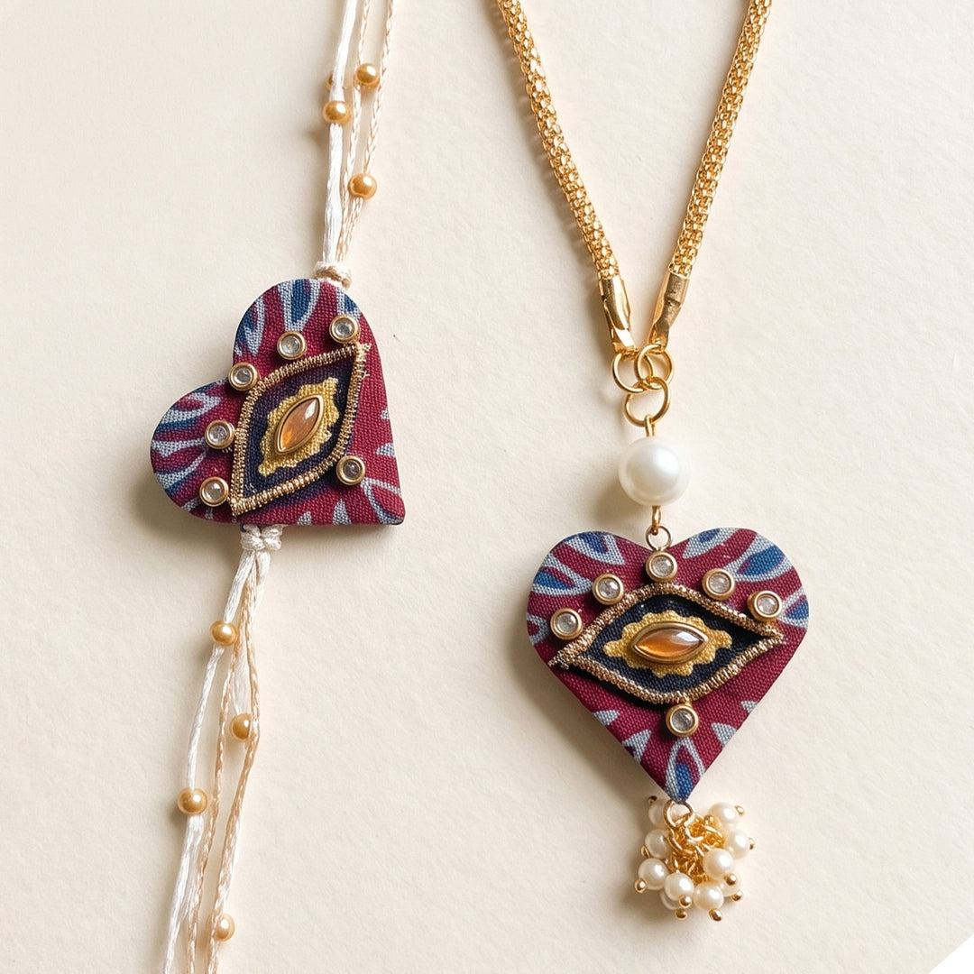 Nazar Evil Eye Ajrakh Block Print Rakhi & Lumba Set With Roli Chawal For Bhaiya Bhabhi | Set of 2