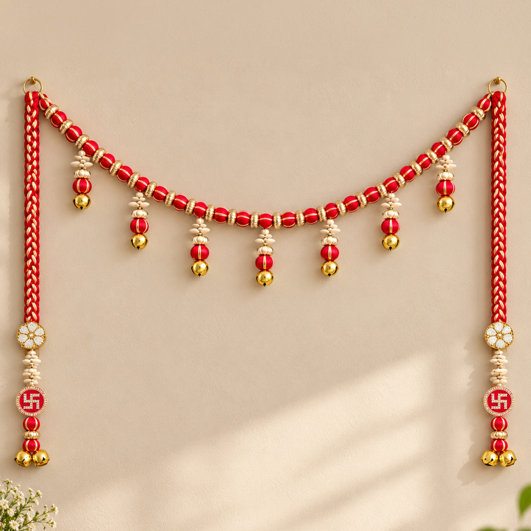 3 Pc | Handmade Red Mouli Thread Ghungroo Toran & Side Hanging Set With Swastik Motif