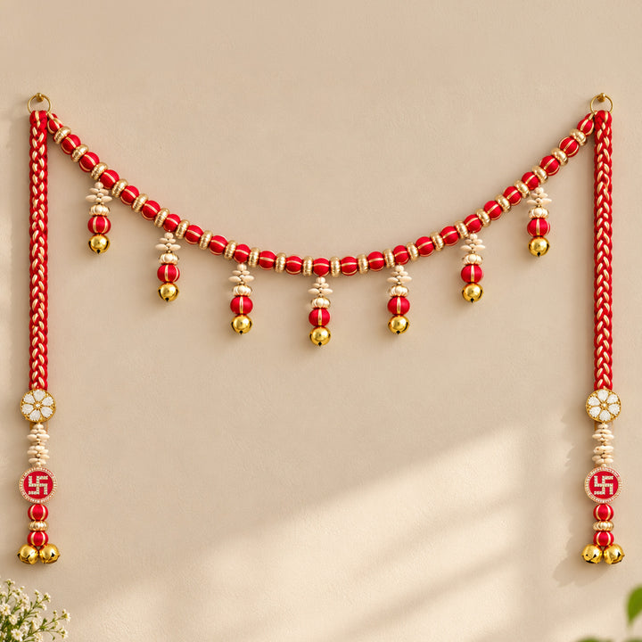 3 Pc | Handmade Red Mouli Thread Ghungroo Toran & Side Hanging Set With Swastik Motif