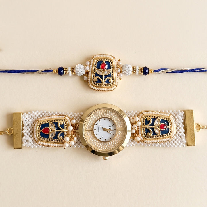 Kundan Moti Watch Bhaiya Bhabhi Rakhi Set With Roli Chawal | Set of 2
