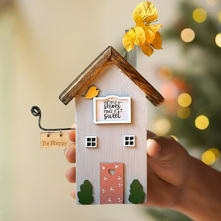 2 pc | Green & Lavendar Handcrafted Miniature Wooden House Planter/Pen Holder