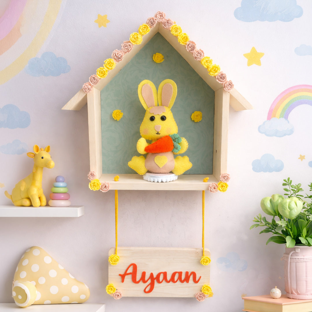 Personalized Felt Bunny On a Wooden House Shaped Nameplate