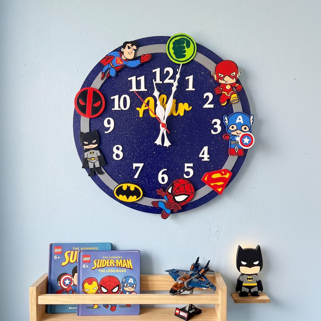 Personalised Superhero Theme Kids Wall Clock | 12 inch