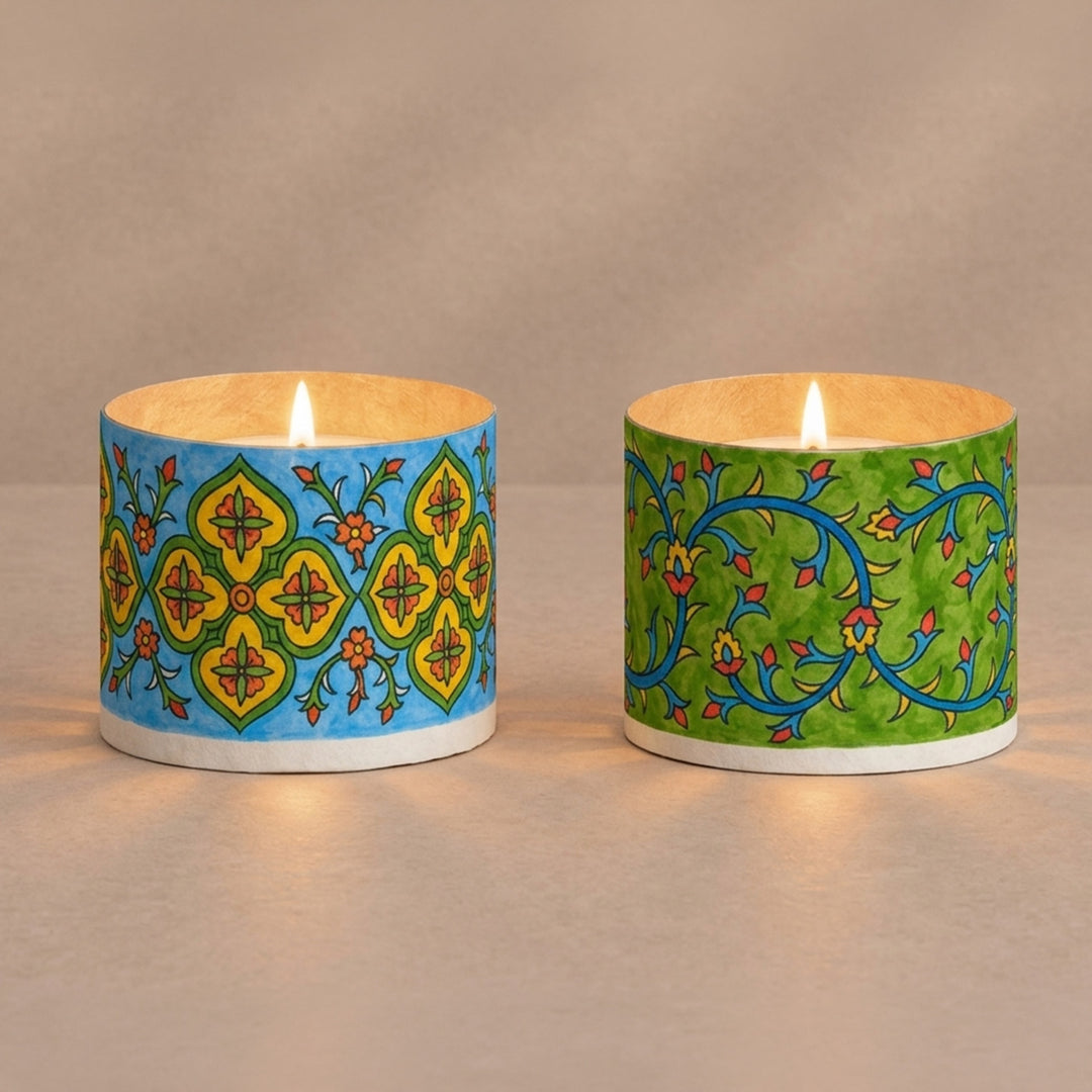 Set of 2 | Hand-Painted Blue & Green Pottery-Inspired Parchment Leather Votive Tealight Covers