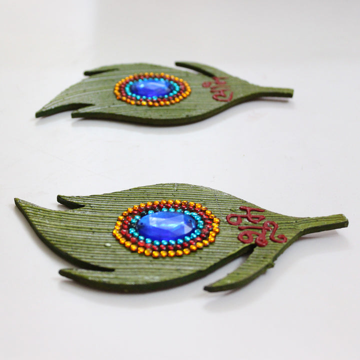 Set Of 2 | "Mor Pankh Shubh Laabh" Handcrafted Peacock Feather Paper Mache Wall Decor For Festive Decoration