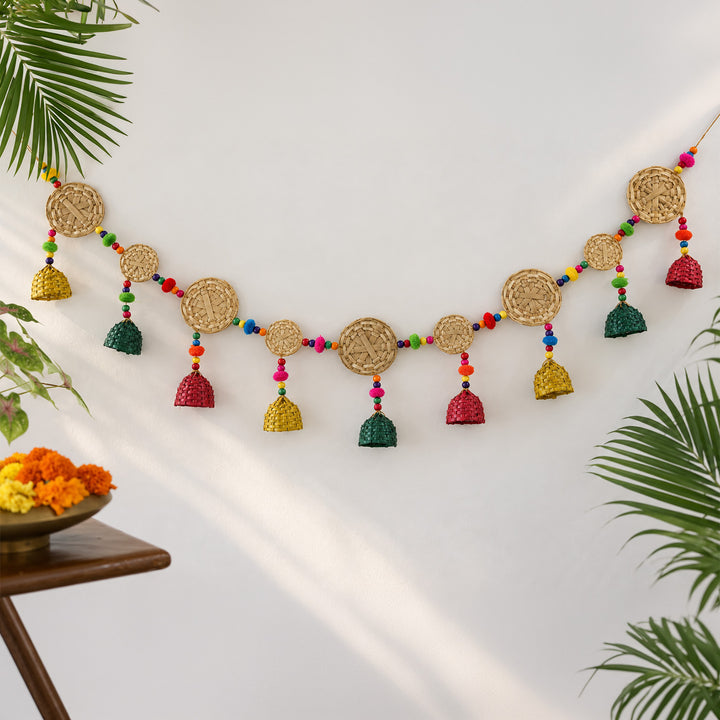 45 Inch | Handmade Woven Basket Design Bamboo Toran With Wooden Beads & Pom Poms
