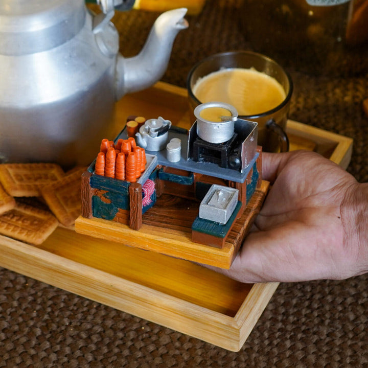 "Chai Ki Tapri" Handcrafted Polymer Clay Miniature Artwork With Wooden Base For Golu & Table Decor
