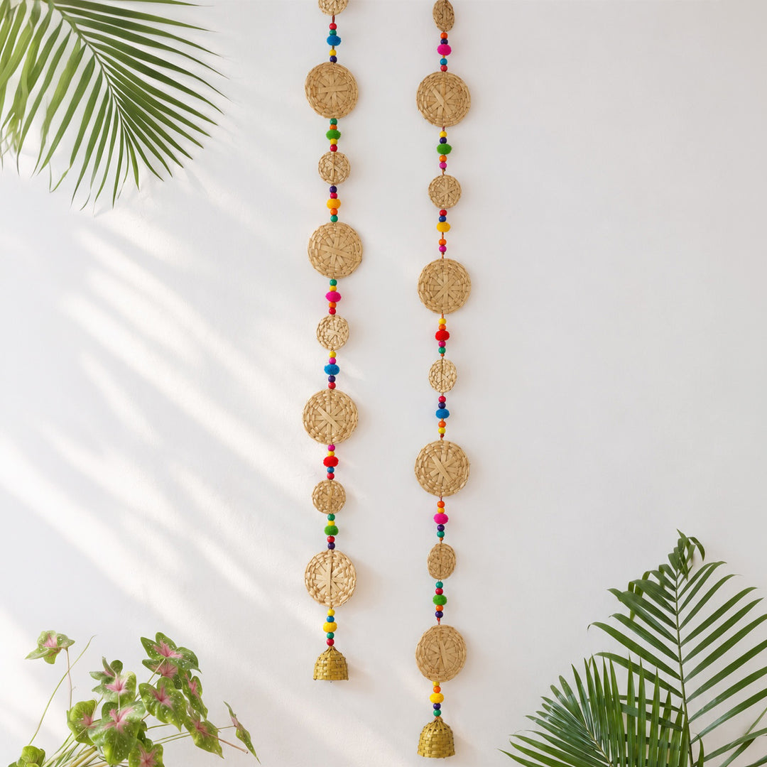 2 Pc | Handmade Woven Basket Design Bamboo Hanging With Wooden Beads & Pom Poms