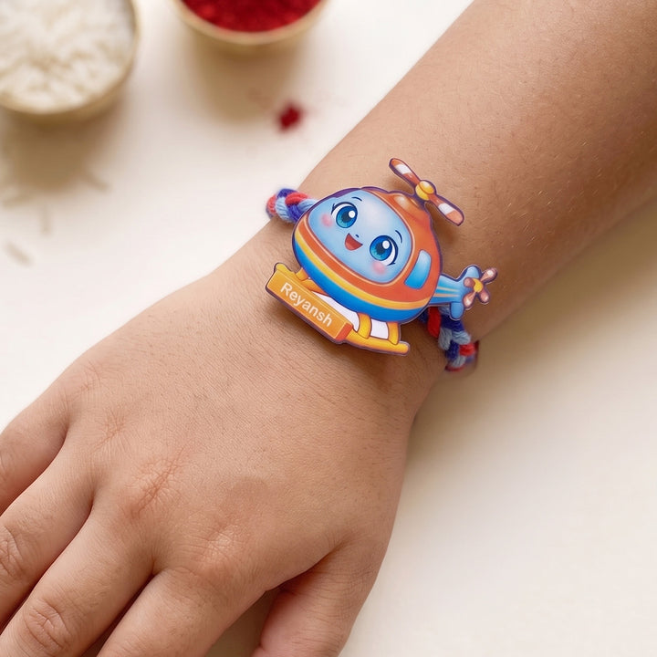 Personalized Reusable Helicopter MDF Wood Rakhi With Roli Chawal