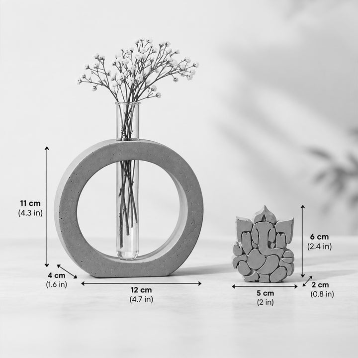 2 Pc | Handmade Eternal Grace Concrete Ganesha & Test Tube Vase Gift Hamper