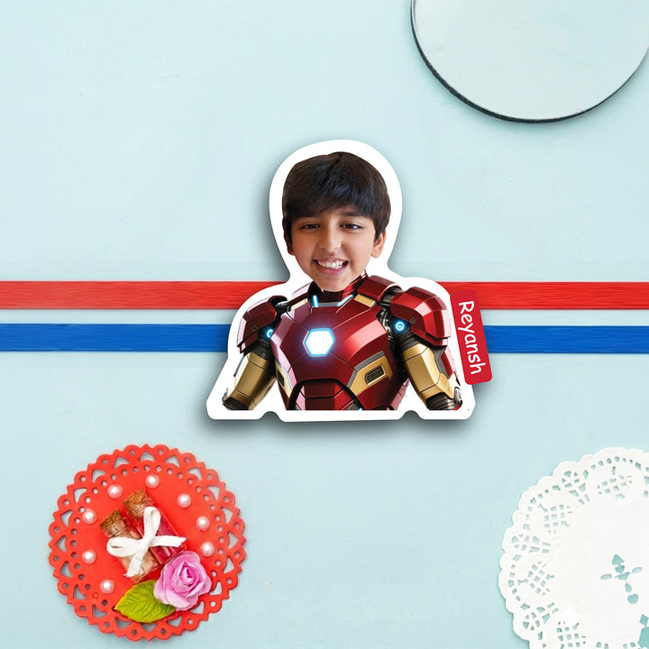 Photo Personalized Handmade Reusable Caricature Iron Man Mdf Wood Kids Rakhi With Roli Chawal