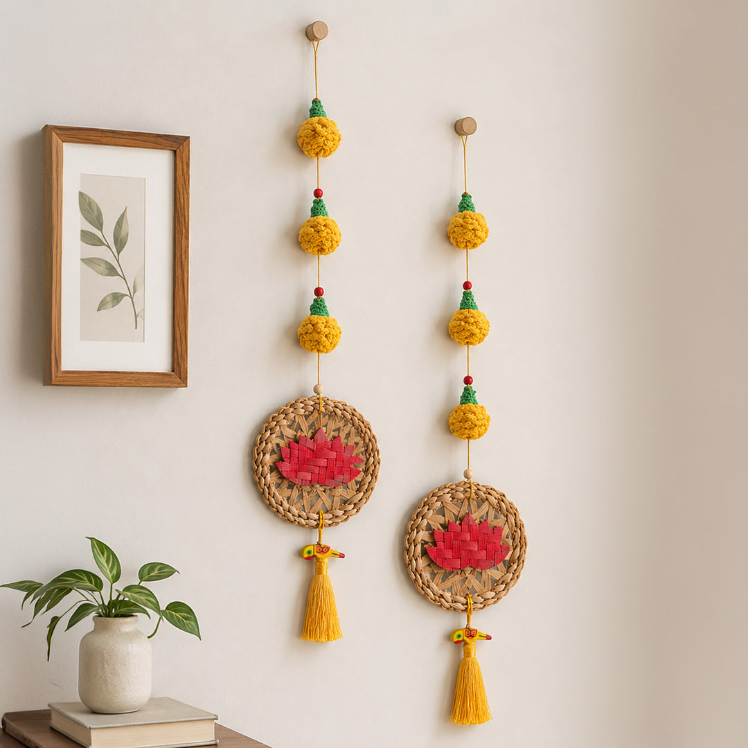Set of 2 | "Marigold" Lotus Handcrafted Banana Leaf Wall Hanging For Festive Decor