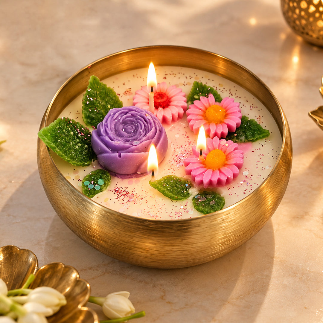 Handcrafted Royal Rose Floral Brass Urli Jasmine Scented Soy Wax Candle