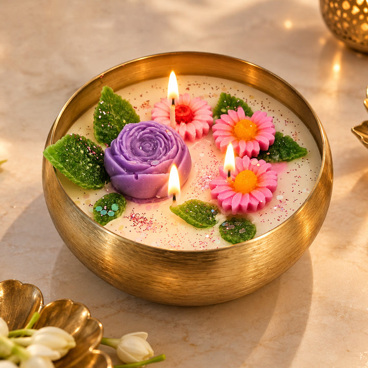 Handcrafted Royal Rose Floral Brass Urli Jasmine Scented Soy Wax Candle