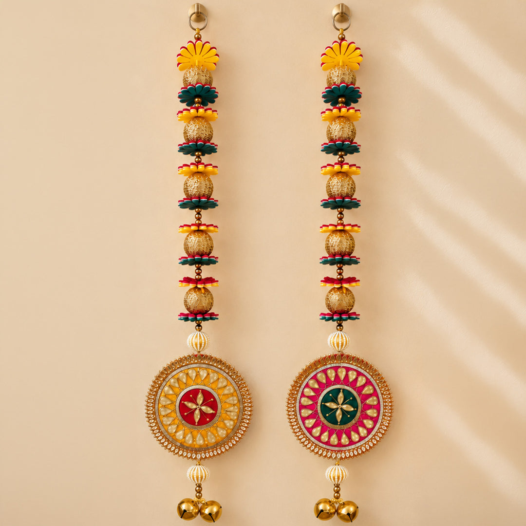 Handmade Colourful Reversible Round Gota Patti Flower Hanging With Zari & Pearl