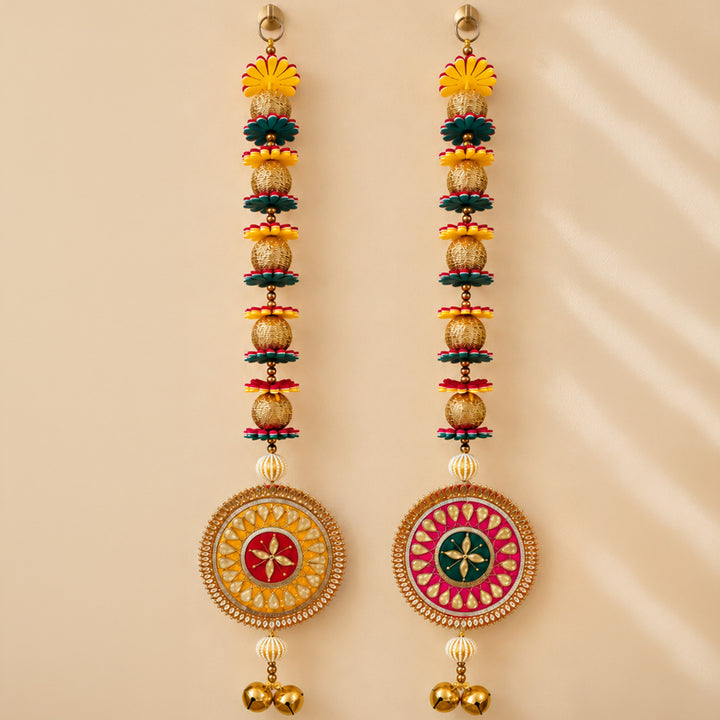 Handmade Colourful Reversible Round Gota Patti Flower Hanging With Zari & Pearl