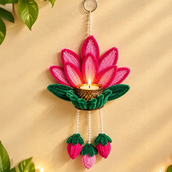 2 Pc | Handmade Pipe Cleaner Pink Lotus Wall Hanging With Tealight Holder, Pearl Strings & Lotus Buds For Festive Decor