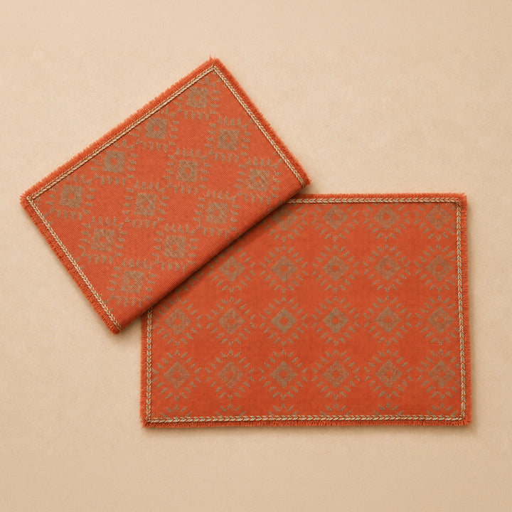 Handcrafted Orange Screen Printed Jute Table Linen Gift Hamper With Gota Detailing For Festive Gifting
