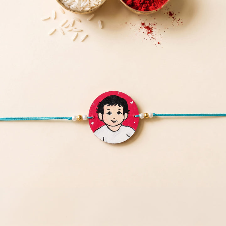 Photo Personalized Handpainted Reusable Caricature Mdf Wood Rakhi With Roli Chawal For Baby Brother