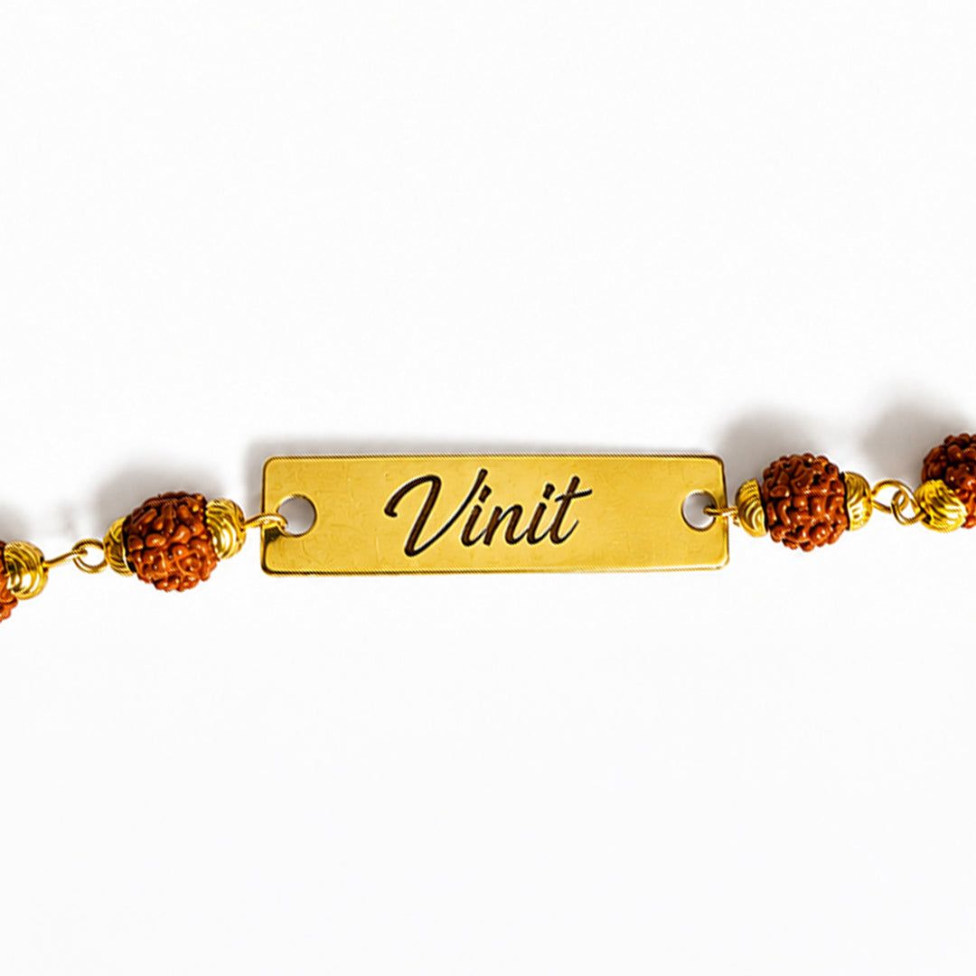 Personalized Adjustable Printed Rudraksha & Golden Bead Bracelet Rakhi With Roli Chawal For Brother