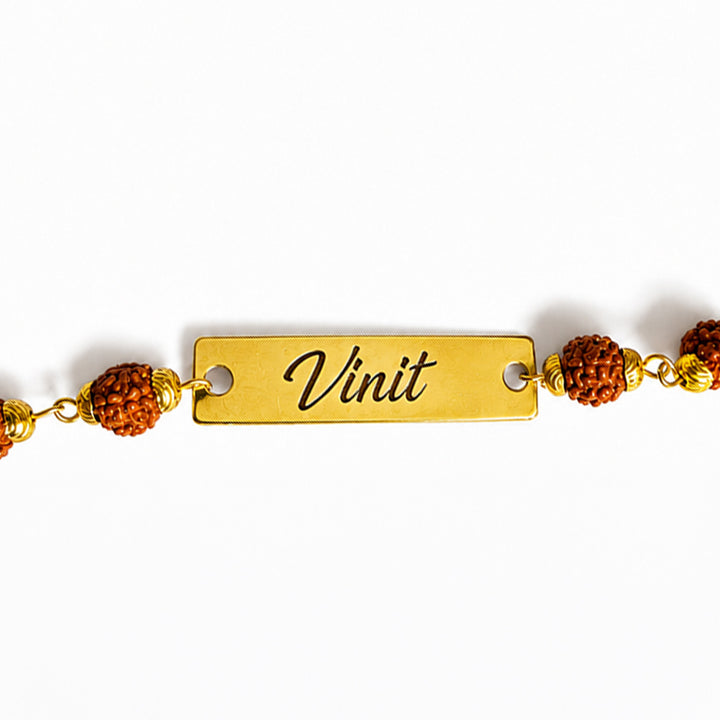 Personalized Adjustable Printed Rudraksha & Golden Bead Bracelet Rakhi With Roli Chawal For Brother