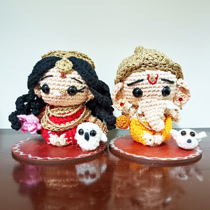 Set of 2 | Handmade Crochet "Divine Duo" Lakshmi & Ganesh Idol Cotton Golu Dolls For Festive Decor