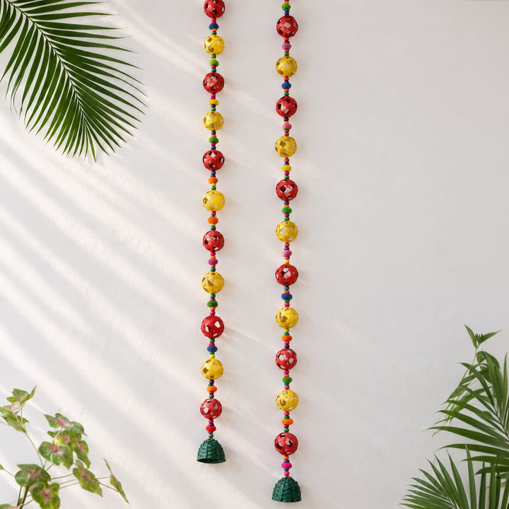 2 Pc | Handmade Woven Ball Design Bamboo Hanging With Wooden Beads & Pom Poms