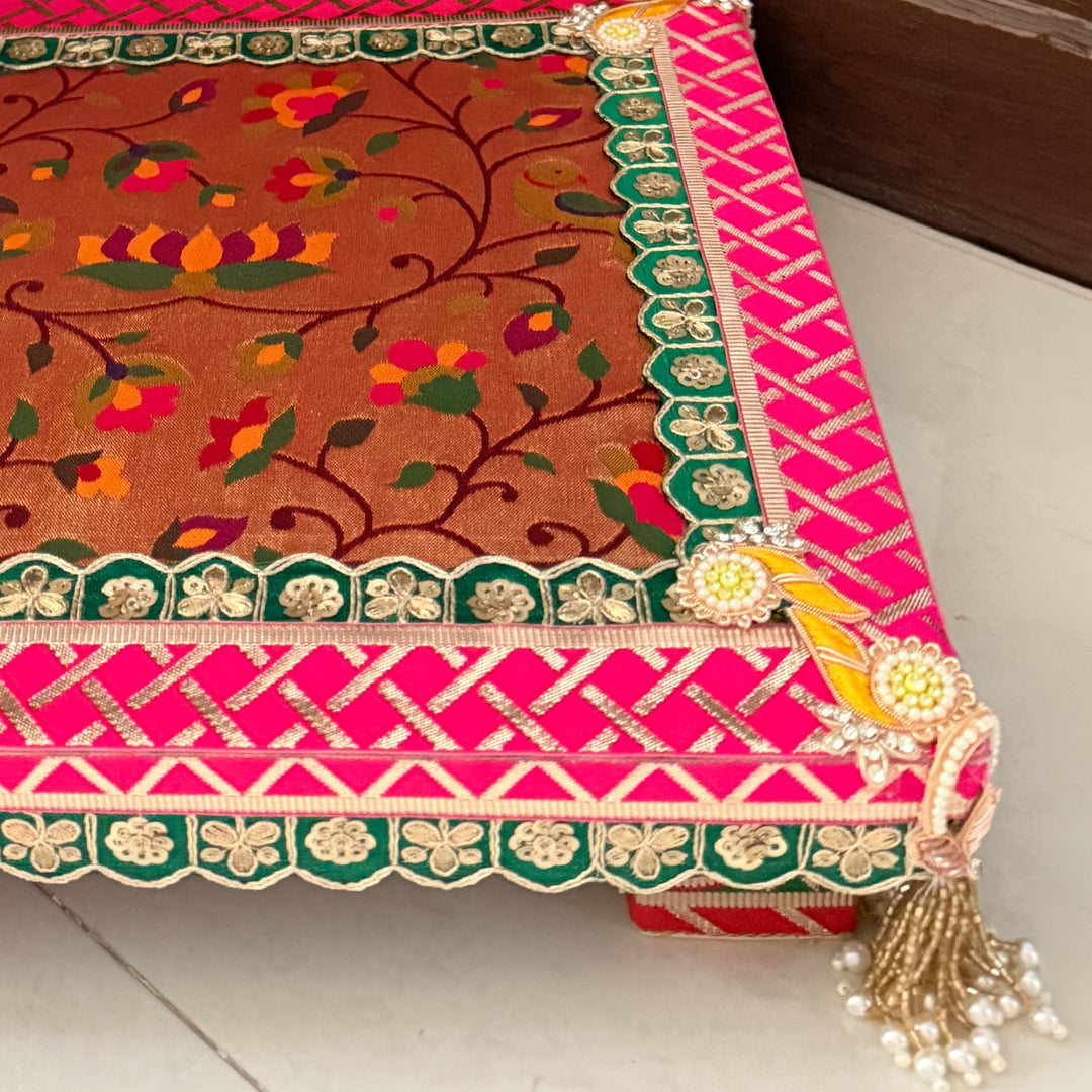 Paithani Silk Fabric Square Pooja Chowki For Home Temple Pooja Decor