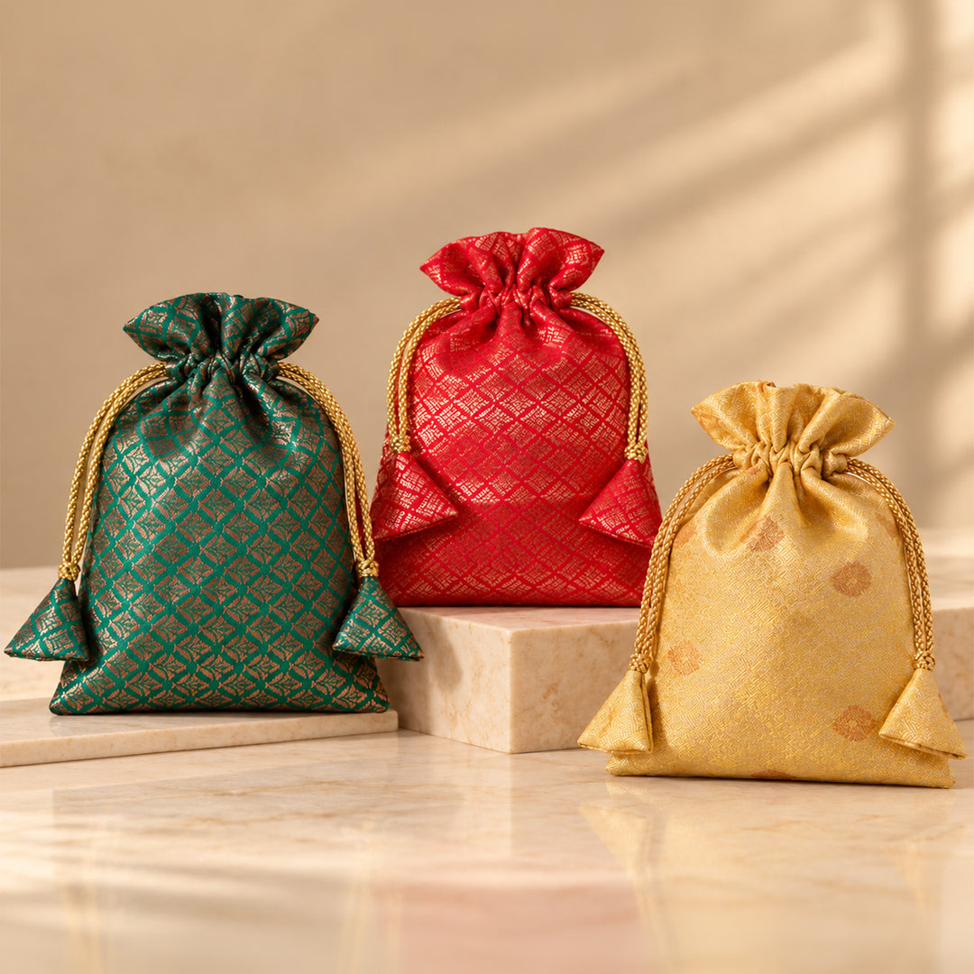 Set Of 3 | Zari Work Assorted Art Silk Drawstring Potli For Festive Gifting