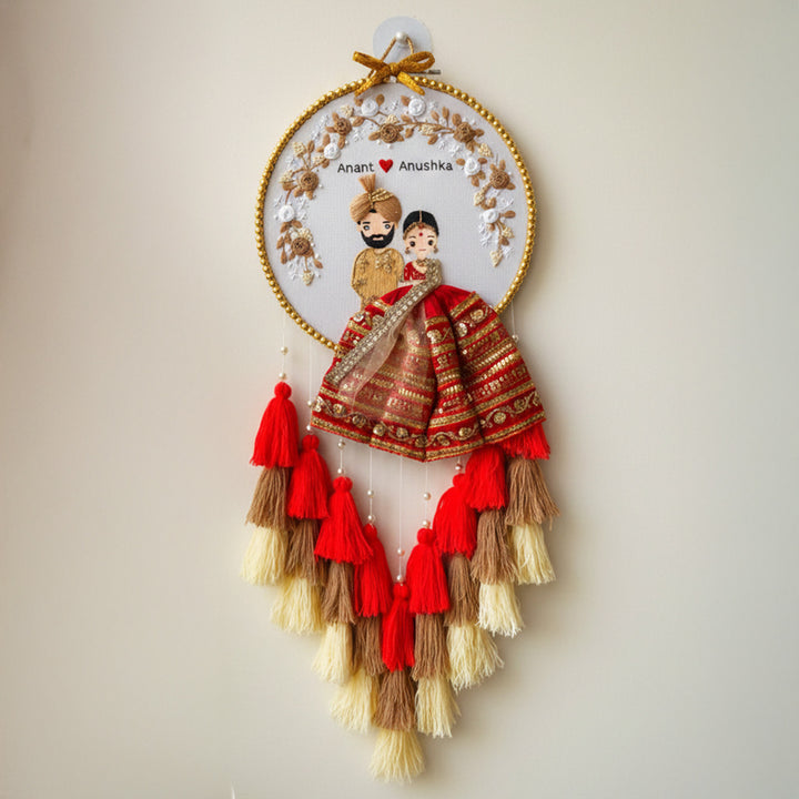 Personalized Embroidered Red & Golden Wedding Plaque With Tassels