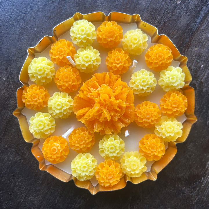 Handmade Marigold Brass Urli Soy Wax Scented Candle For Festive Decor