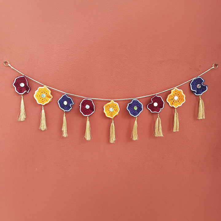 Handmade Tricolor Circular Crochet Toran with Mirrors & Tassels – Maroon, Orange & Purple