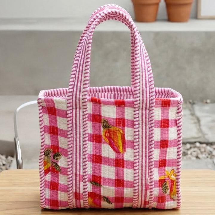 Handmade Pink Checkered Mini Cotton Tote Bag
