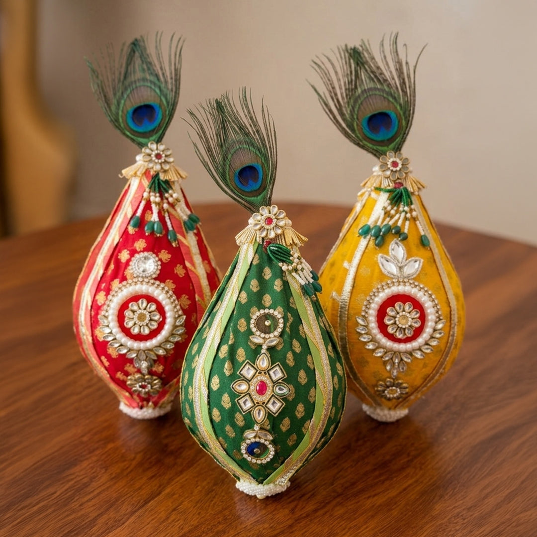 Brocade Morpankh Decorated Nariyal Shrifal/Coconut With Kundan Detailing For Festive Gifting
