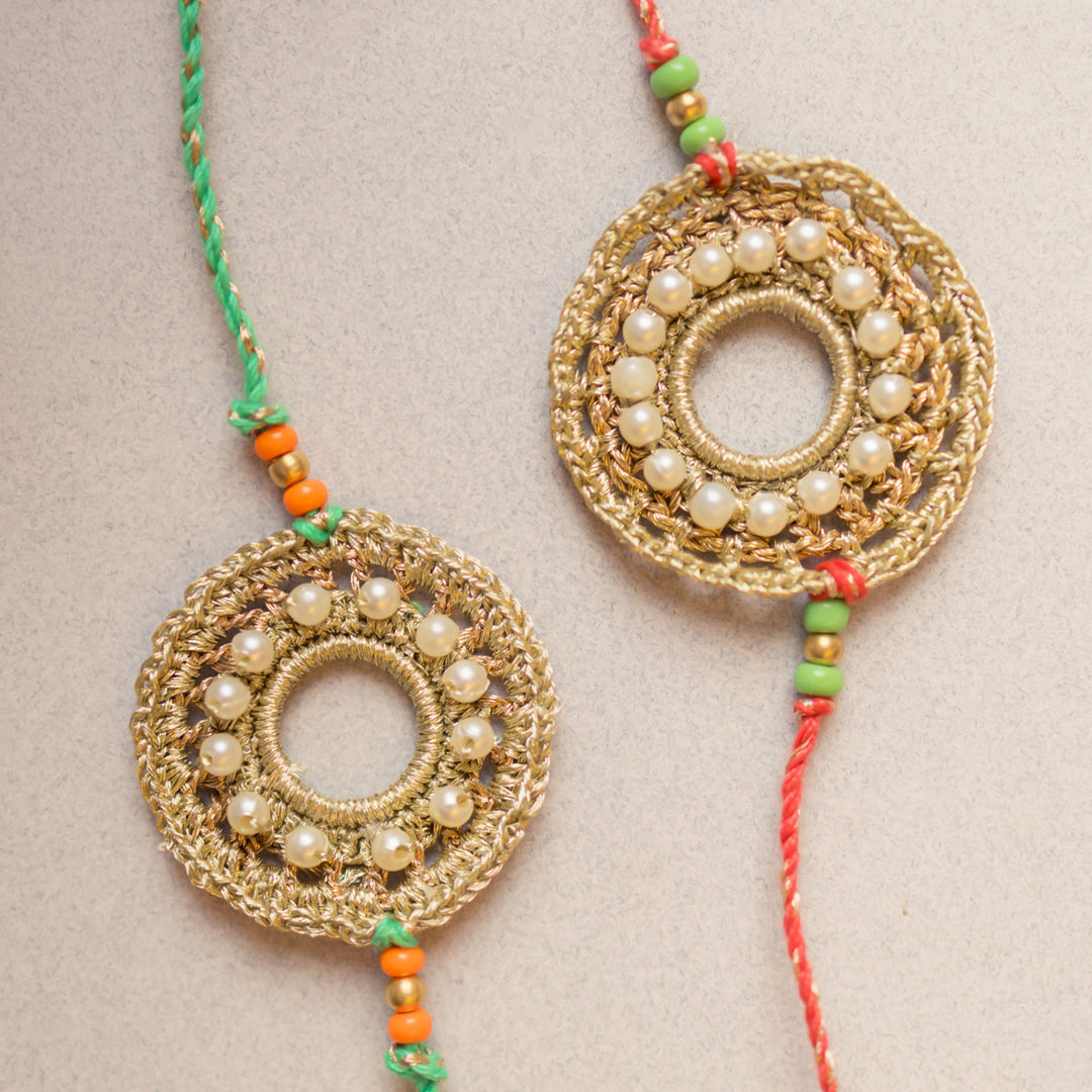 Intricate Beaded Crochet Moon Ring Rakhi With Roli Chawal | Set of 2