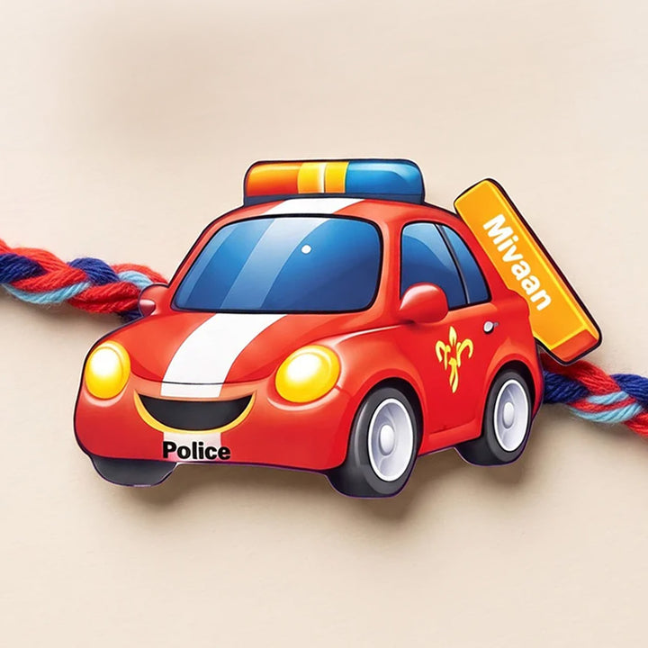 Personalized Reusable Police Car MDF Wood Rakhi With Roli Chawal