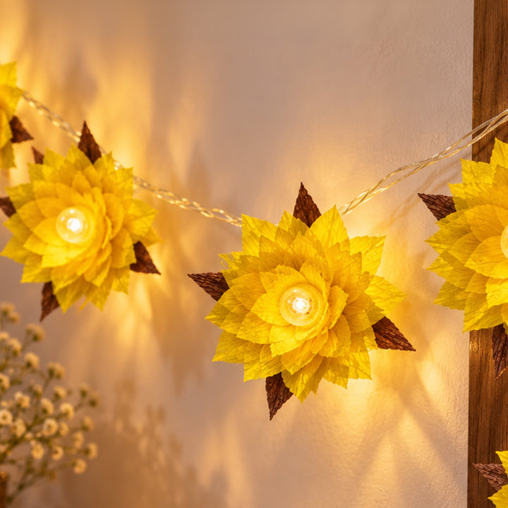 Handmade Phool Jhalar Crepe Paper Flower LED Fairy Light For Festive Decor - Yellow & Brown