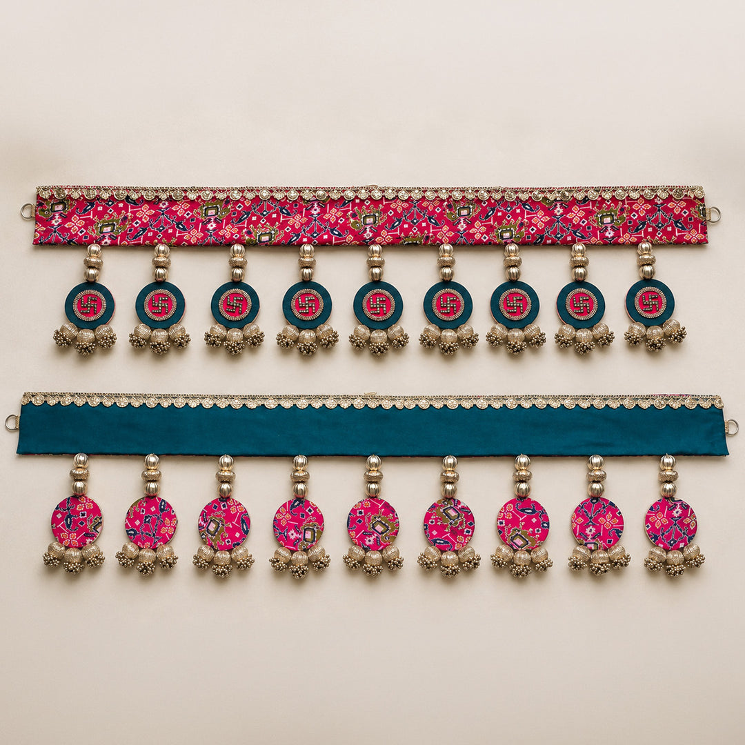 Handmade Reversible Patola Print & Cutwork Swastik Toran With Moti & Bead Detailing