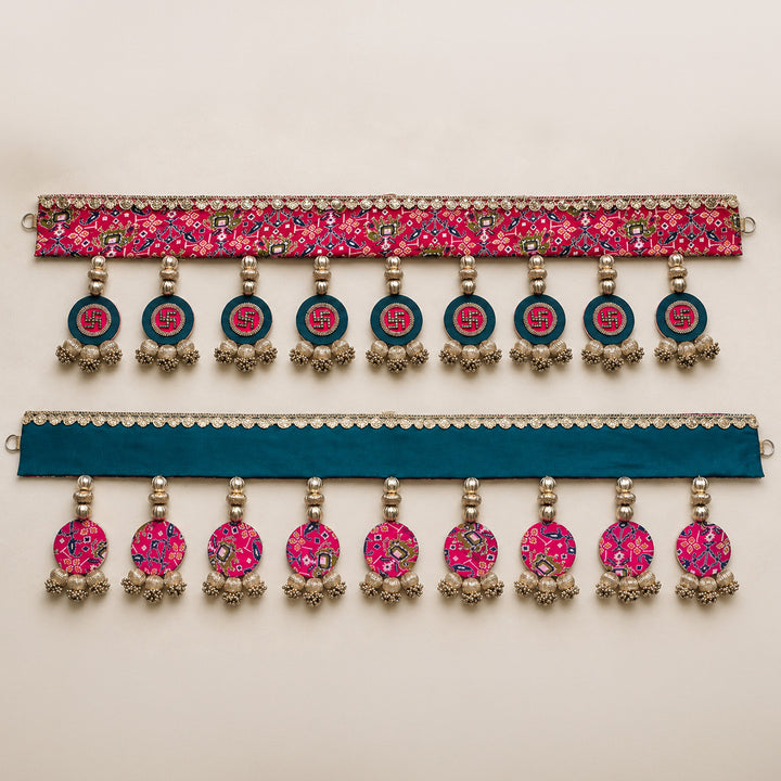 Handmade Reversible Patola Print & Cutwork Swastik Toran With Moti & Bead Detailing