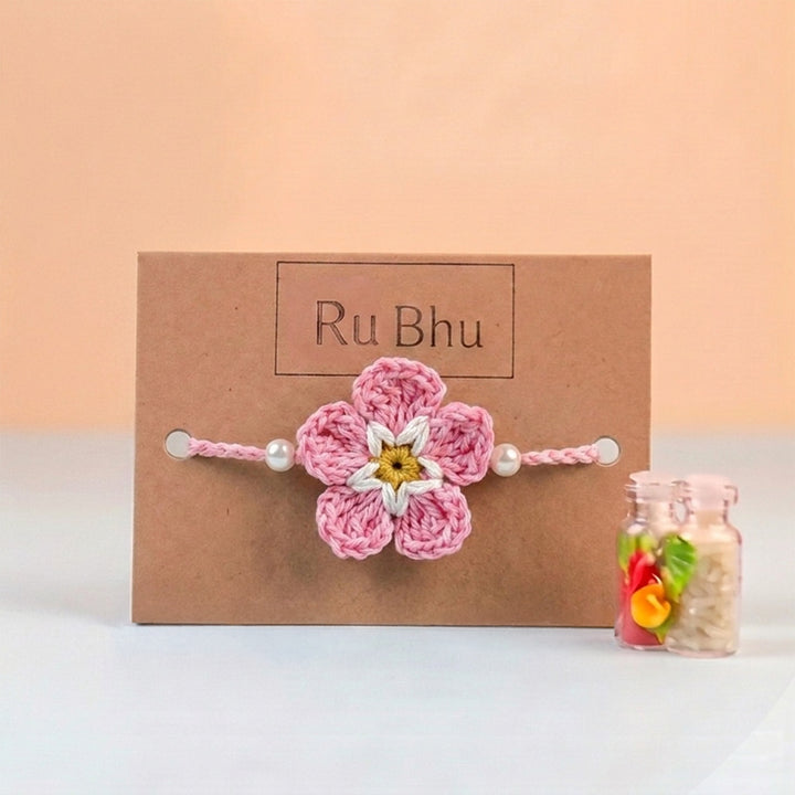 Handmade Crochet Cherry Blossom Rakhi With Roli Chawal for Bhaiya
