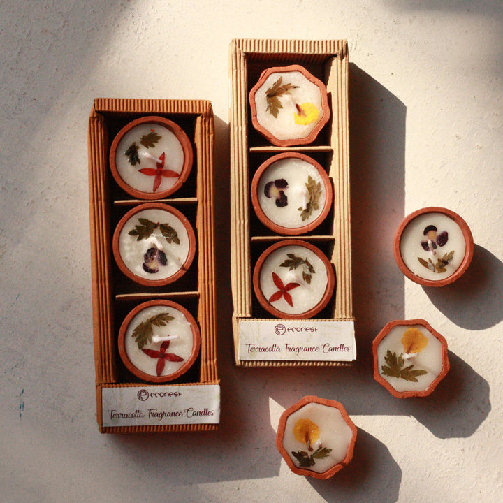 24 Pc | Handmade Wax Aroma Scented Soy Wax Terracotta Diya Candle With Flower Petals