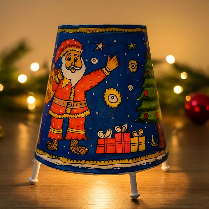 Blue Christmas Motifs Hand Painted Tholu Bommalata Tabletop Lamp | 6 inches