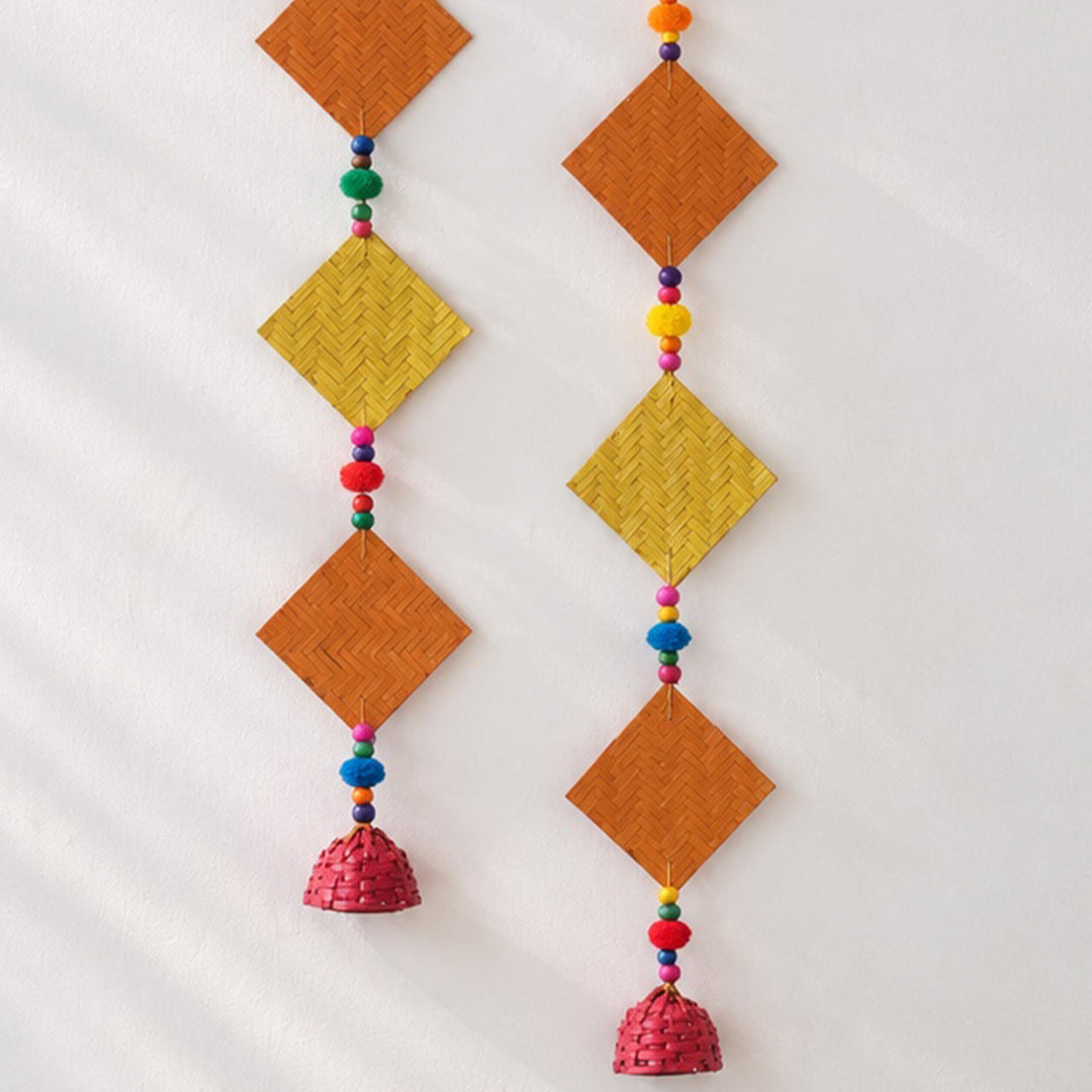 2 Pc | Handmade Woven Chatai Design Bamboo Hanging With Wooden Beads & Pom Poms