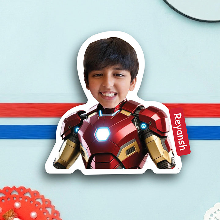 Photo Personalized Handmade Reusable Caricature Iron Man Mdf Wood Kids Rakhi With Roli Chawal