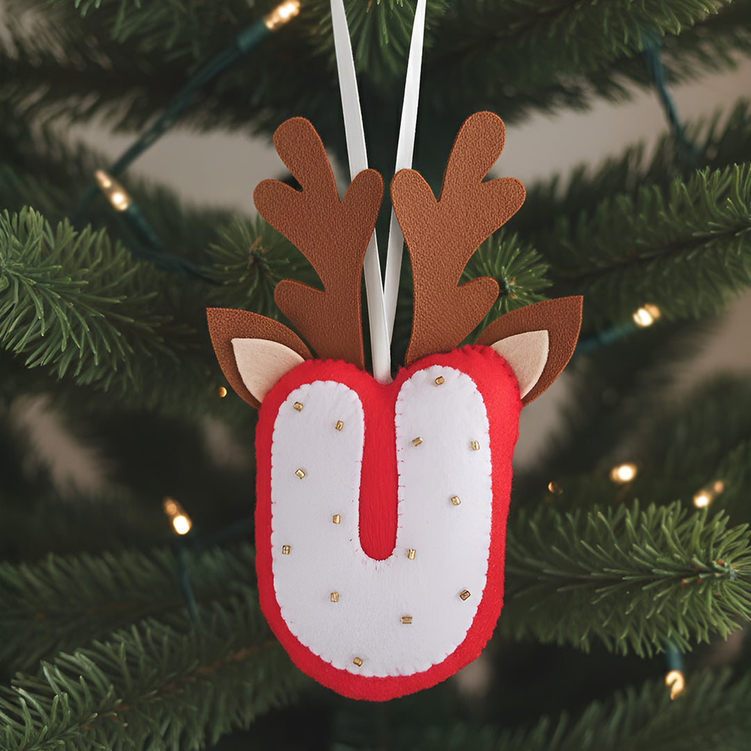 Personalized Felt Reindeer Theme Initial Ornament For Christmas Tree Decoration